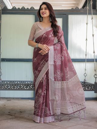 Wine Floral Linen Cotton Saree with Elegant Contrast Border