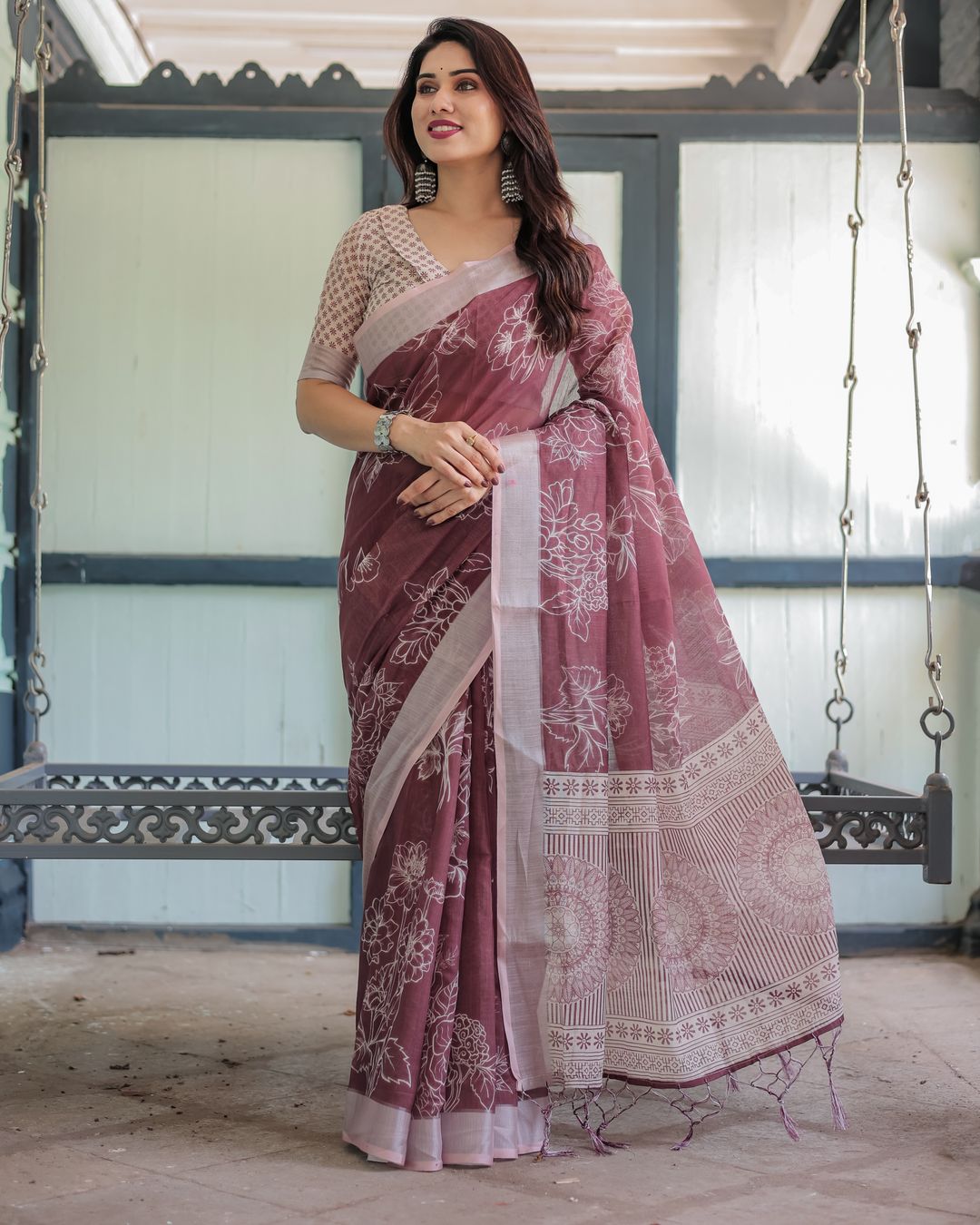 Wine Floral Linen Cotton Saree with Elegant Contrast Border