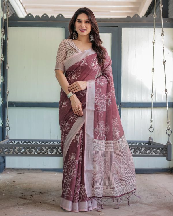 Wine Floral Linen Cotton Saree with Elegant Contrast Border