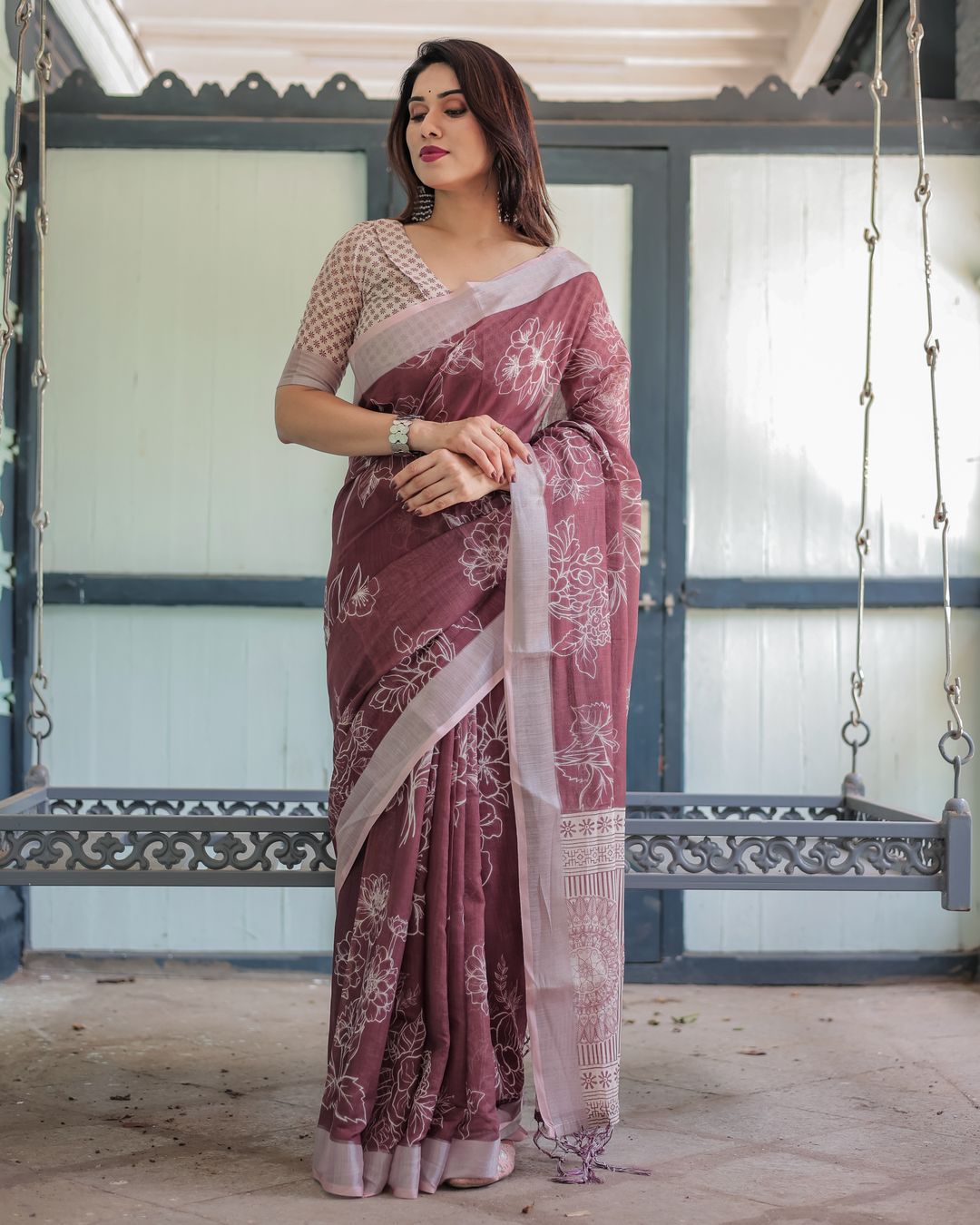 Wine Floral Linen Cotton Saree with Elegant Contrast Border