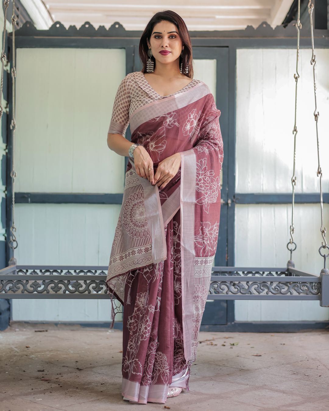 Wine Floral Linen Cotton Saree with Elegant Contrast Border