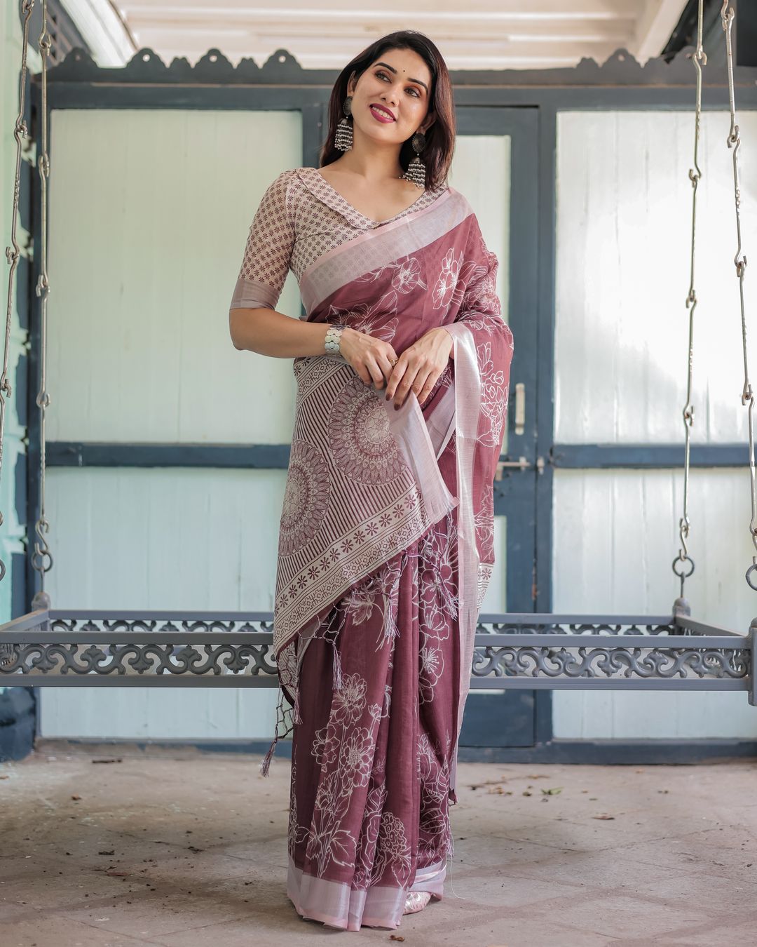 Wine Floral Linen Cotton Saree with Elegant Contrast Border