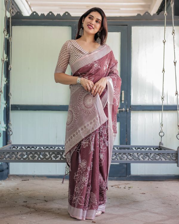 Wine Floral Linen Cotton Saree with Elegant Contrast Border