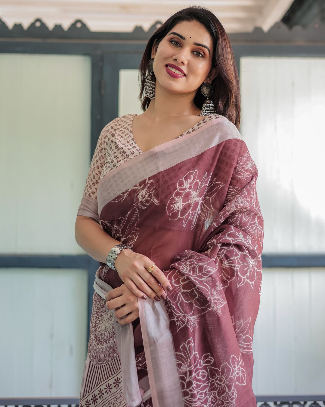 Wine Floral Linen Cotton Saree with Elegant Contrast Border