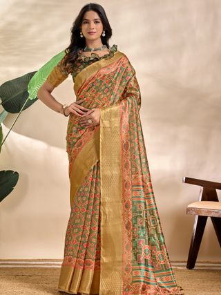 Olive Green Patola-Inspired Geometric Soft Silk Saree