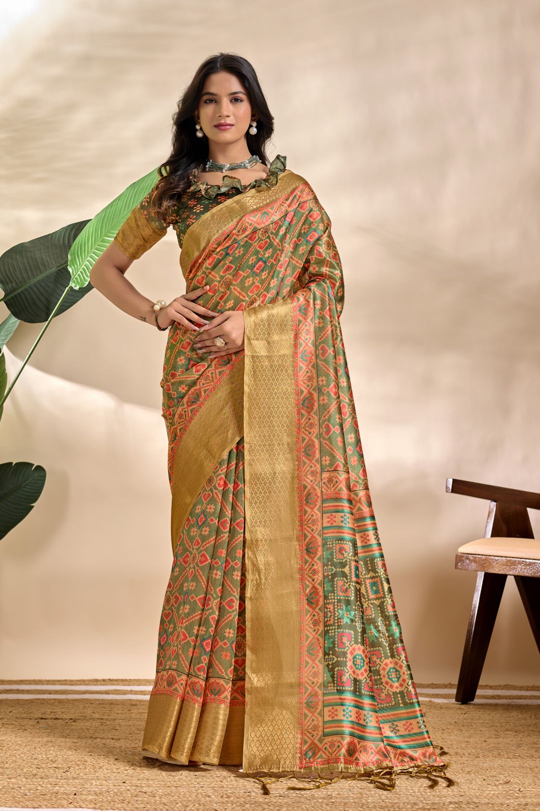 Olive Green Patola-Inspired Geometric Soft Silk Saree