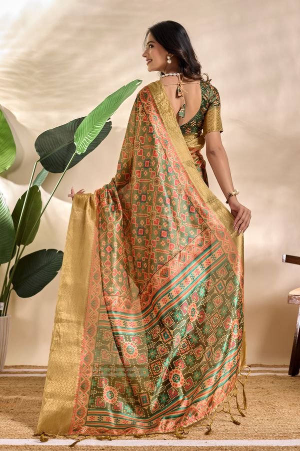 Olive Green Patola-Inspired Geometric Soft Silk Saree