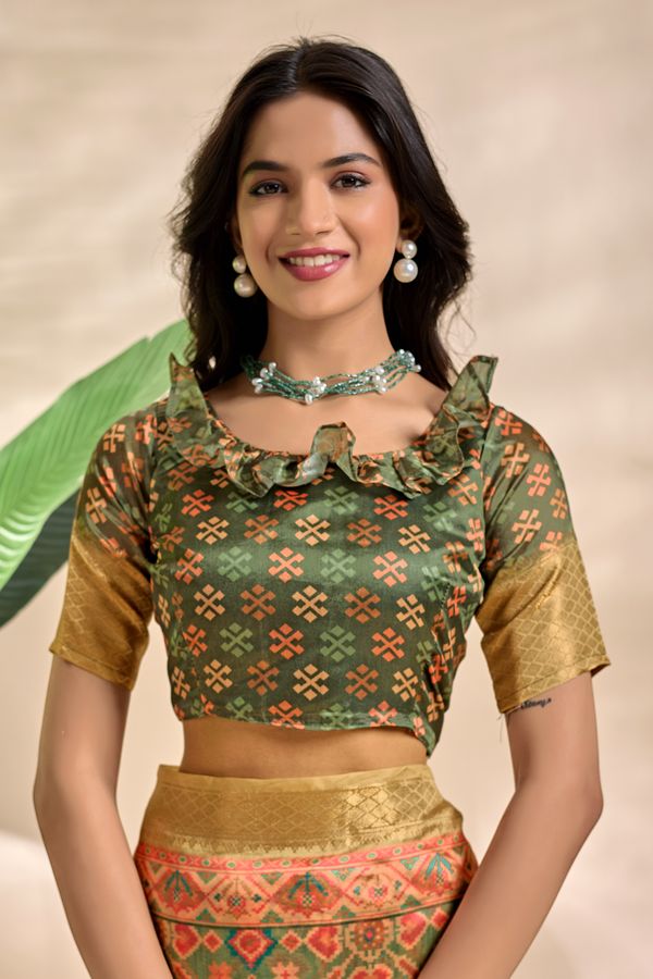 Olive Green Patola-Inspired Geometric Soft Silk Saree