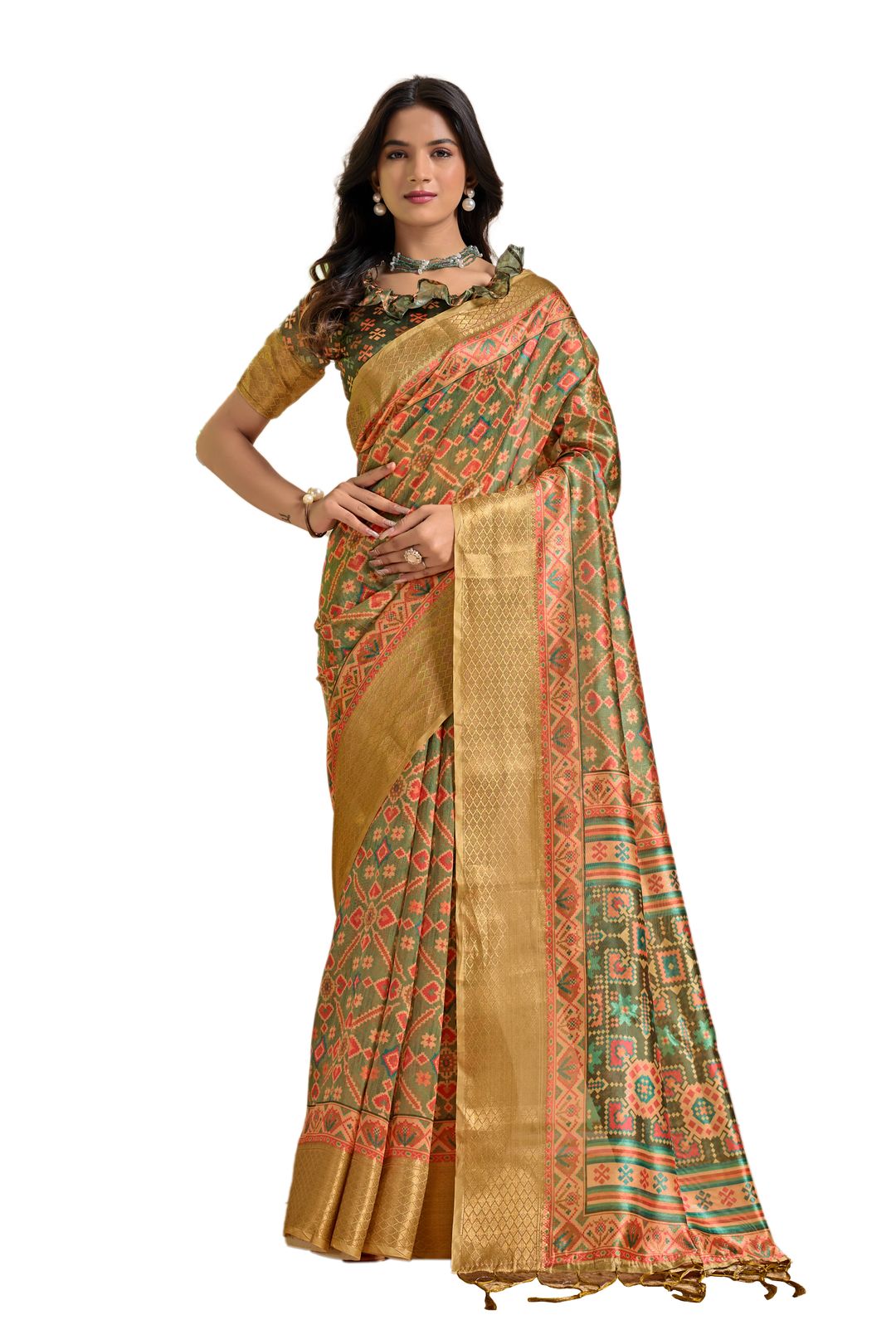 Olive Green Patola-Inspired Geometric Soft Silk Saree