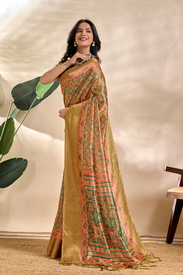 Olive Green Patola-Inspired Geometric Soft Silk Saree