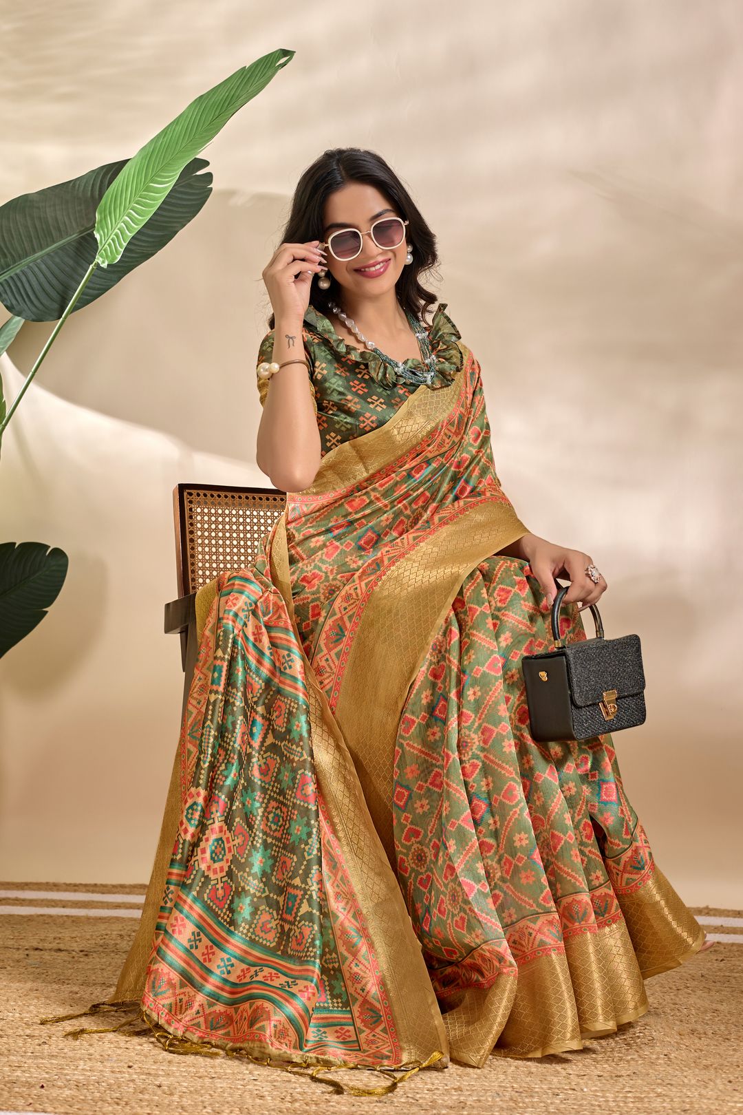 Olive Green Patola-Inspired Geometric Soft Silk Saree