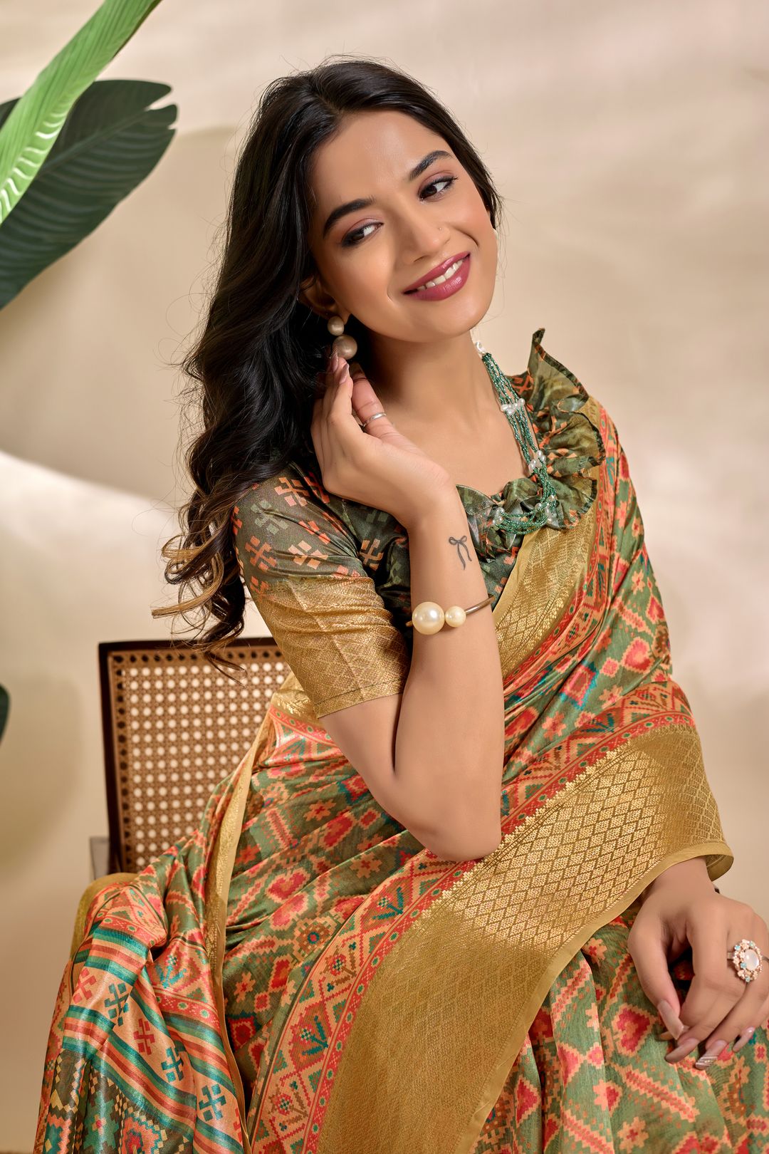 Olive Green Patola-Inspired Geometric Soft Silk Saree