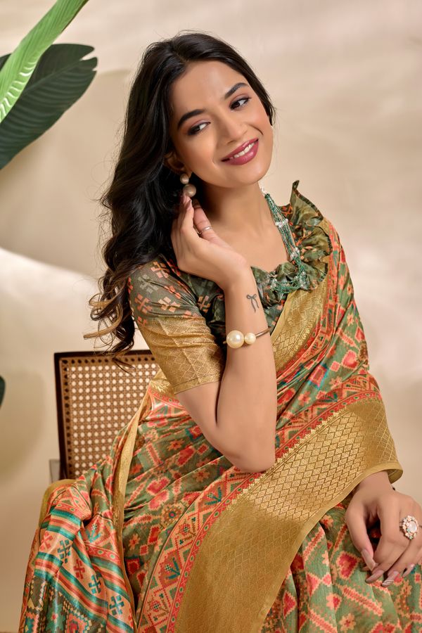Olive Green Patola-Inspired Geometric Soft Silk Saree