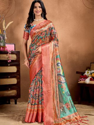 Charcoal Floral Art Print Soft Silk Blend Saree