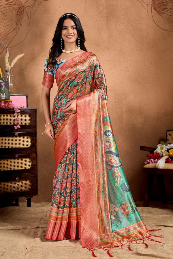 Charcoal Floral Art Print Soft Silk Blend Saree