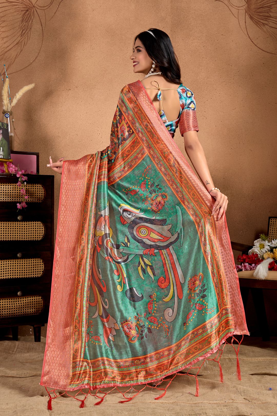 Charcoal Floral Art Print Soft Silk Blend Saree