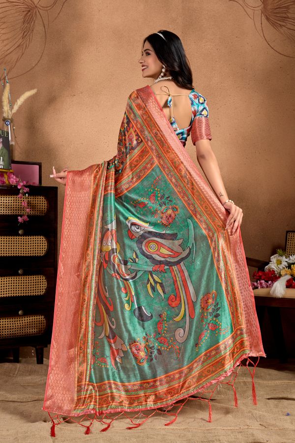Charcoal Floral Art Print Soft Silk Blend Saree