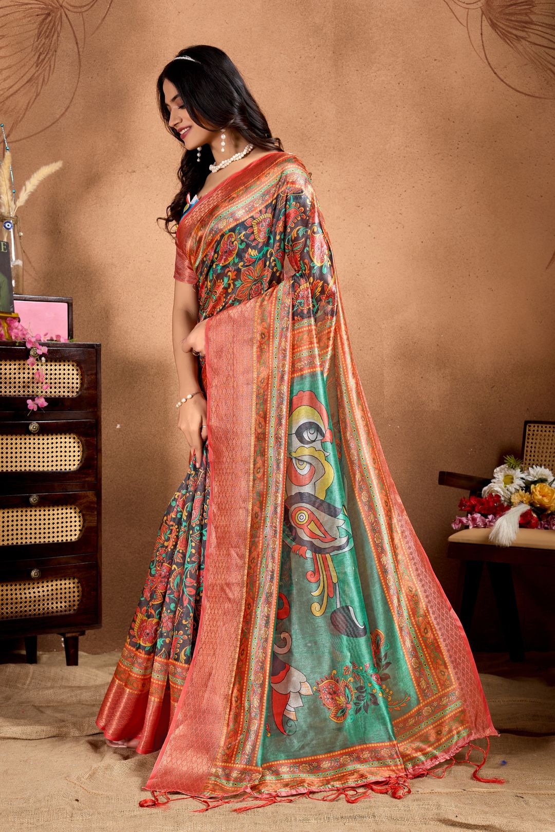 Charcoal Floral Art Print Soft Silk Blend Saree