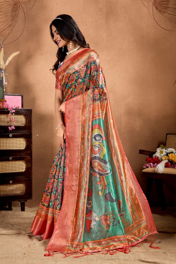 Charcoal Floral Art Print Soft Silk Blend Saree