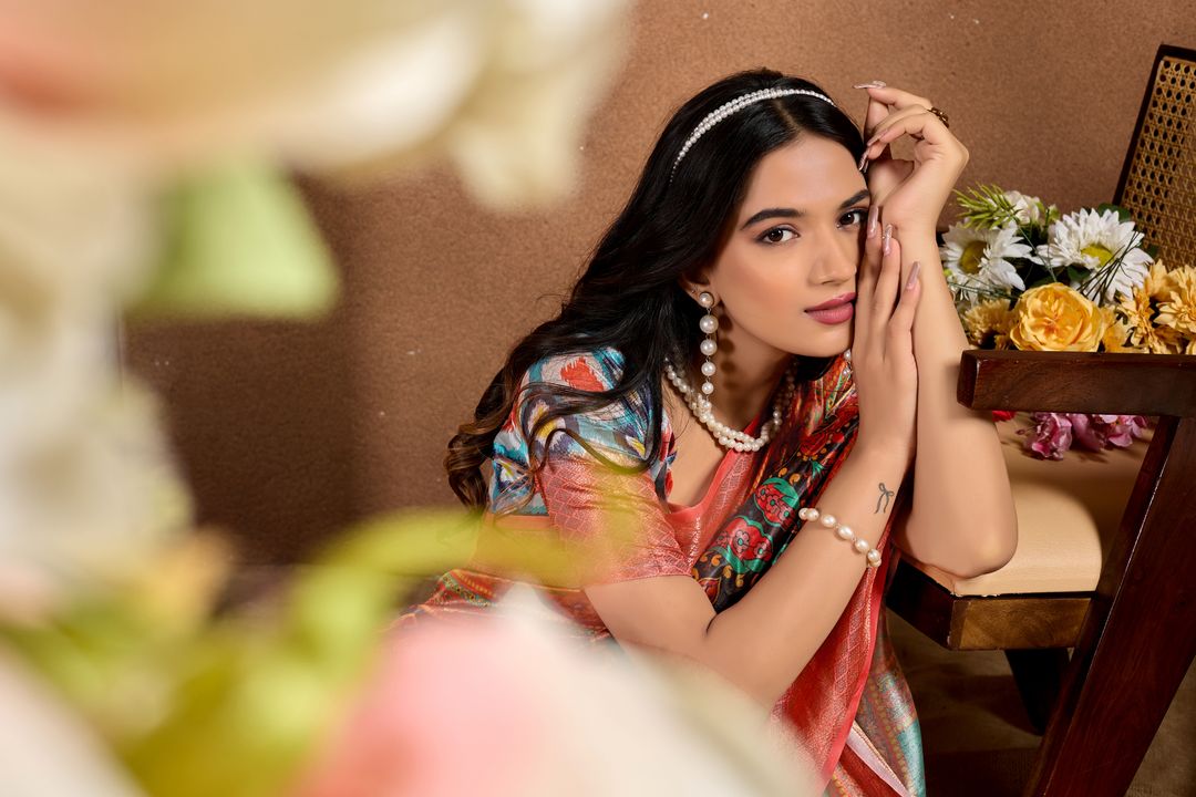 Charcoal Floral Art Print Soft Silk Blend Saree