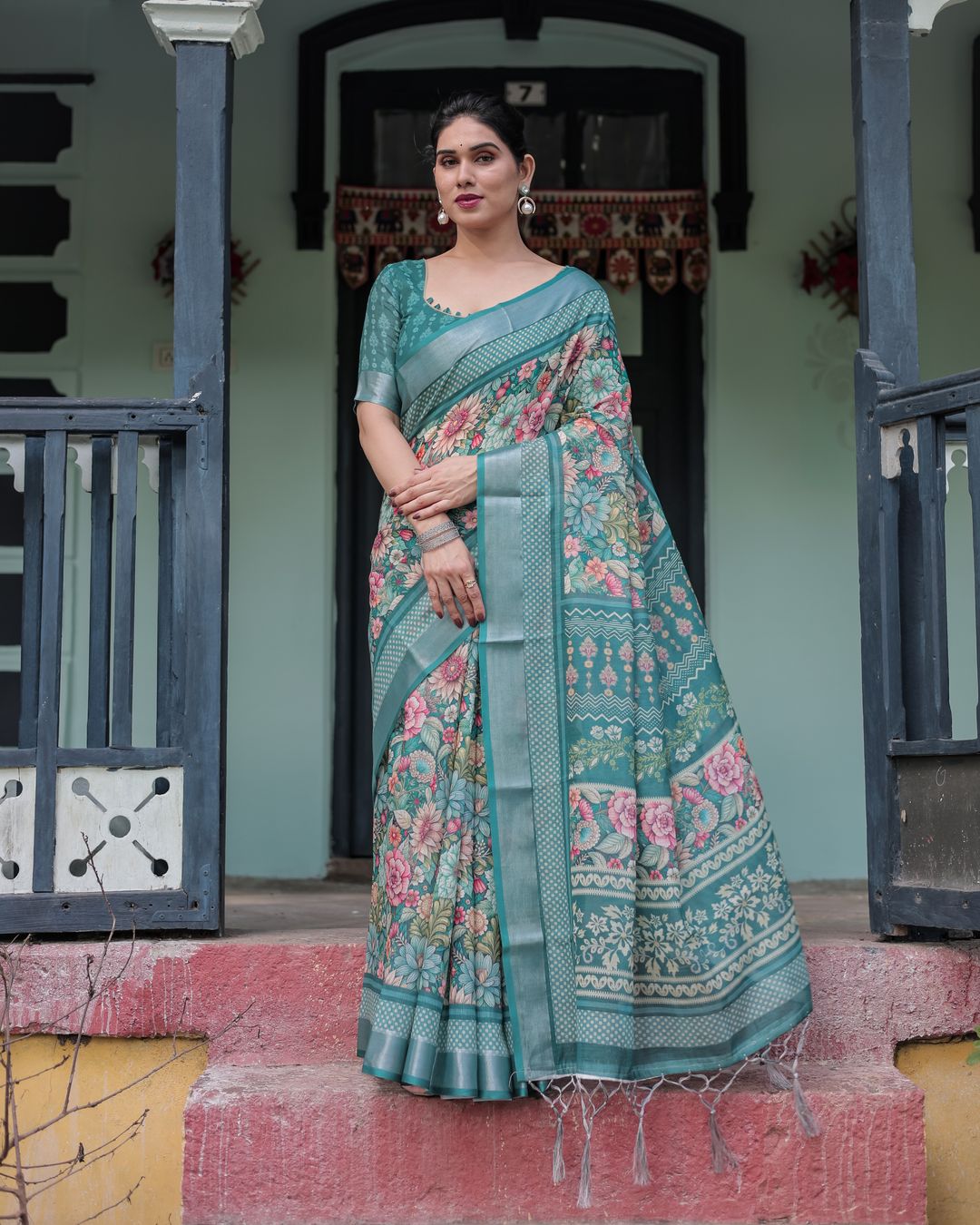 Teal Floral Linen Cotton Saree with Printed Pallu for Women