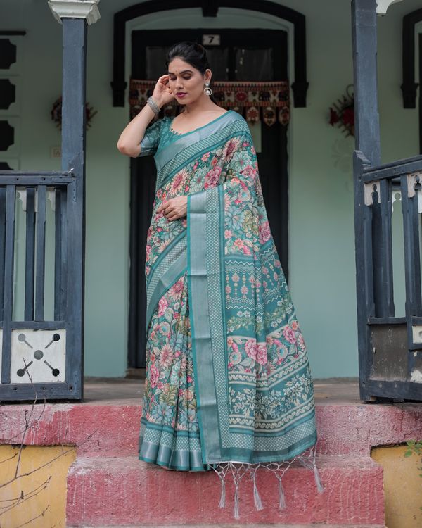Teal Floral Linen Cotton Saree with Printed Pallu for Women
