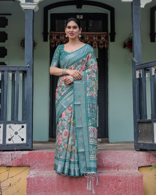 Teal Floral Linen Cotton Saree with Printed Pallu for Women