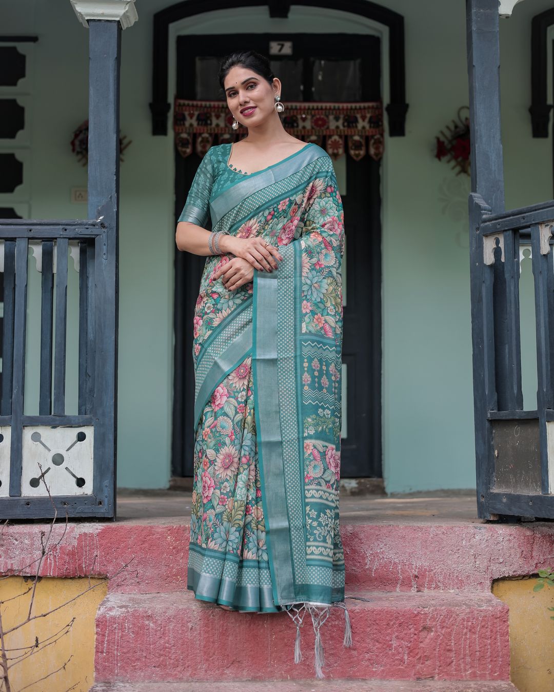 Teal Floral Linen Cotton Saree with Printed Pallu for Women