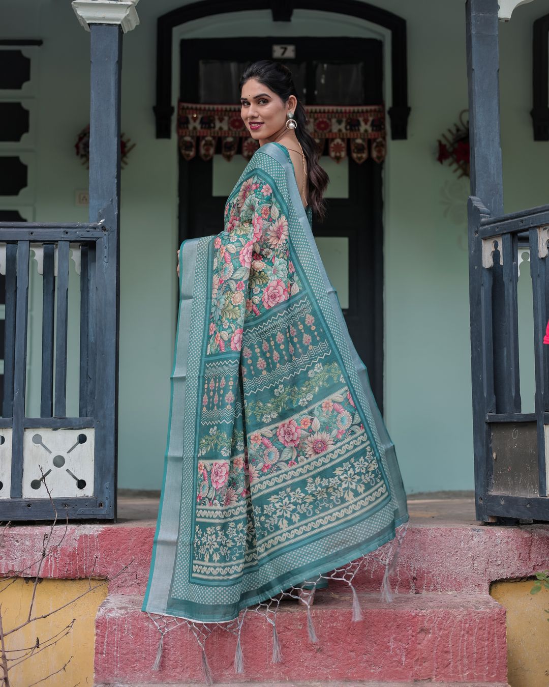 Teal Floral Linen Cotton Saree with Printed Pallu for Women