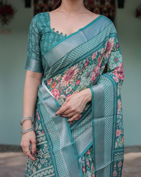 Teal Floral Linen Cotton Saree with Printed Pallu for Women