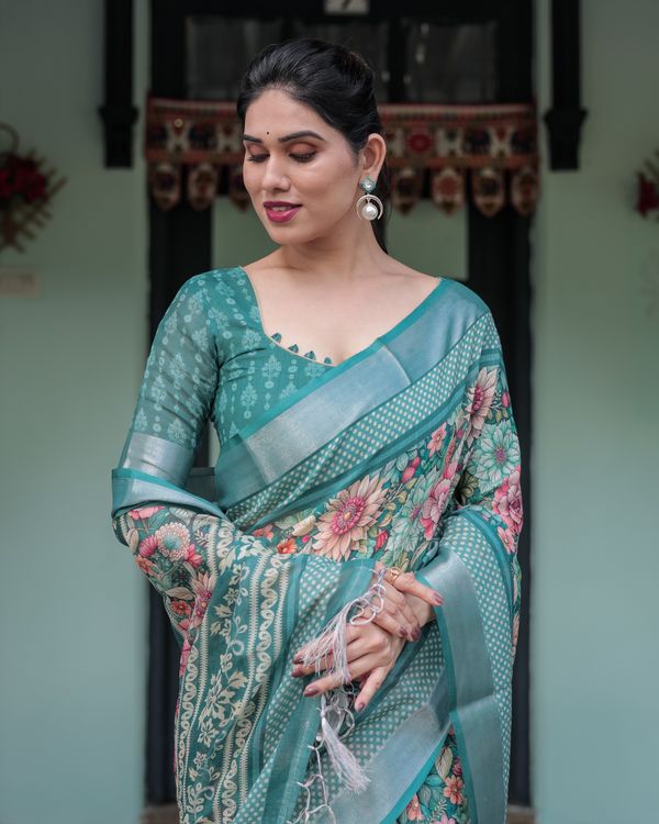 Teal Floral Linen Cotton Saree with Printed Pallu for Women