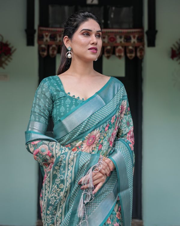 Teal Floral Linen Cotton Saree with Printed Pallu for Women