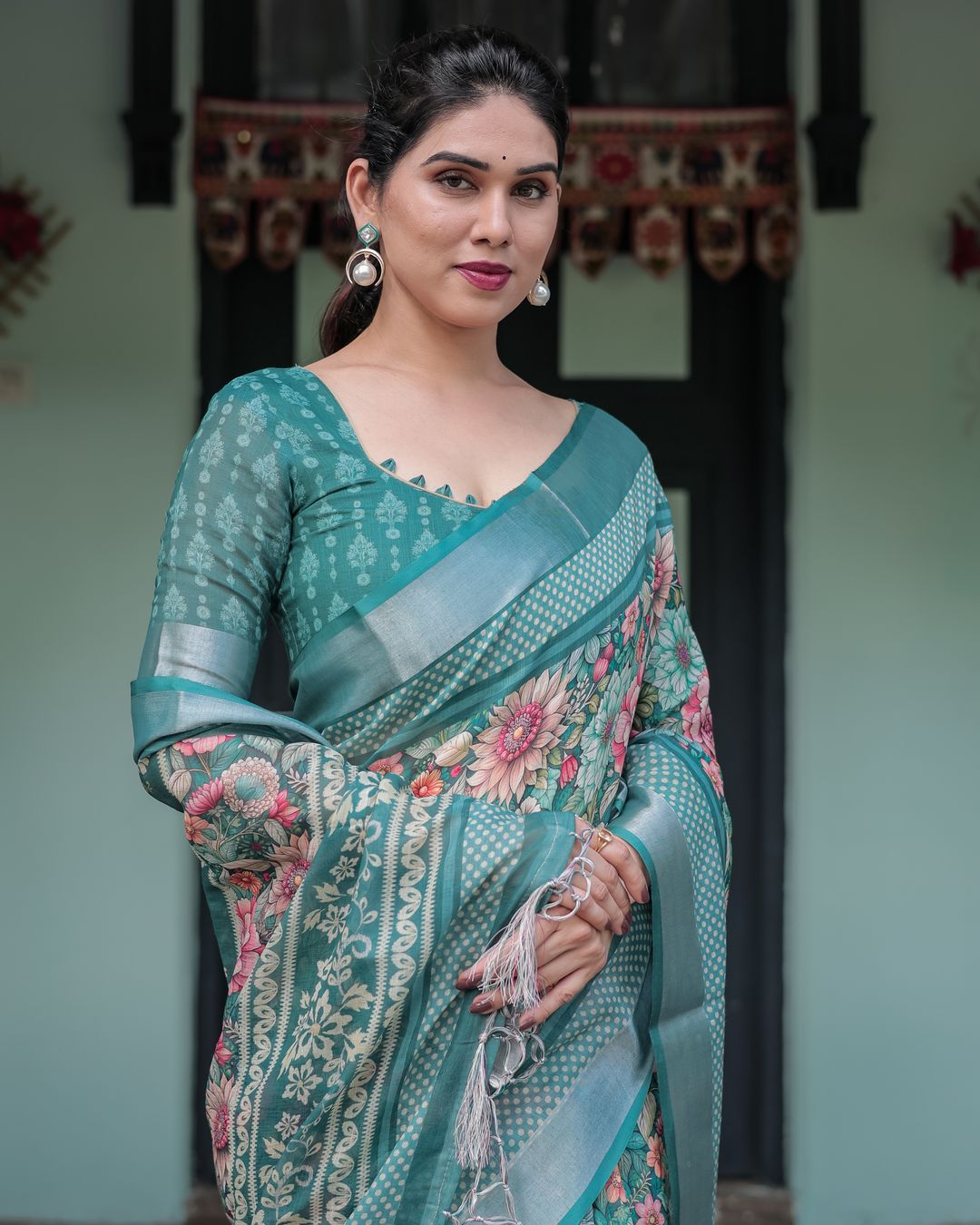 Teal Floral Linen Cotton Saree with Printed Pallu for Women
