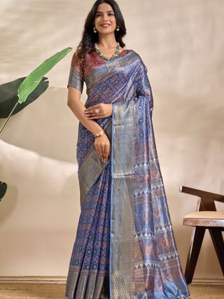 Royal Blue Paisley Mandala Soft Silk Blend Saree