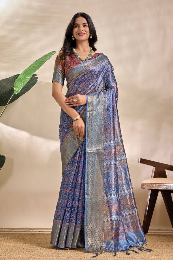 Royal Blue Paisley Mandala Soft Silk Blend Saree