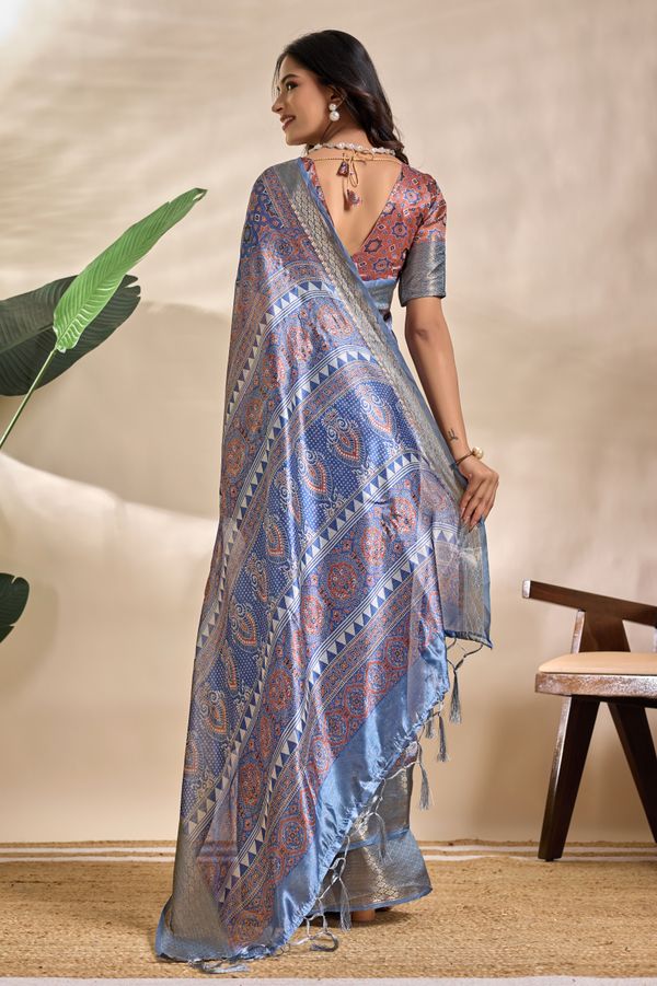 Royal Blue Paisley Mandala Soft Silk Blend Saree