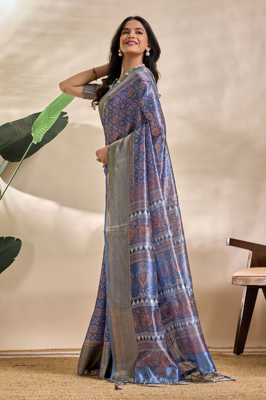 Royal Blue Paisley Mandala Soft Silk Blend Saree