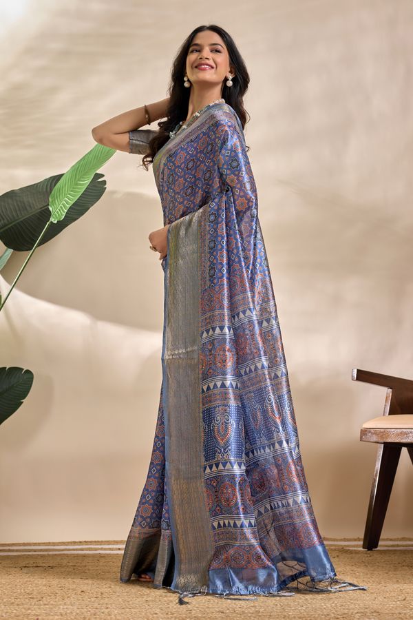 Royal Blue Paisley Mandala Soft Silk Blend Saree