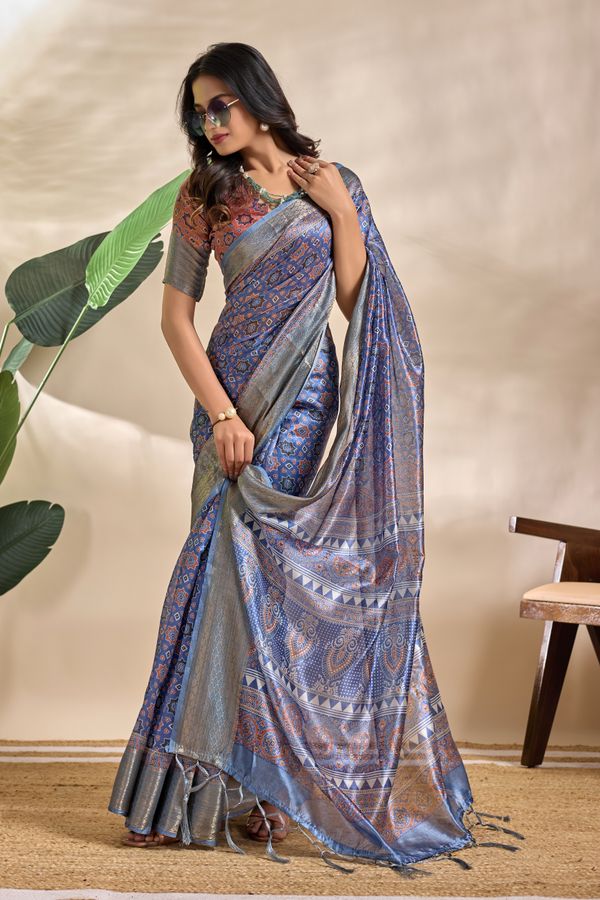 Royal Blue Paisley Mandala Soft Silk Blend Saree