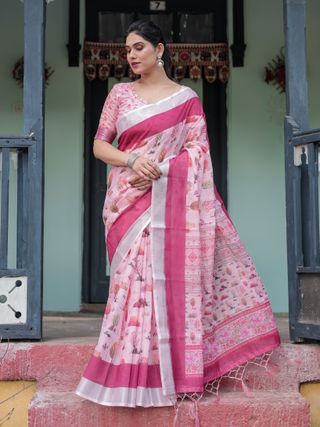 Pink Botanical Print Linen Cotton Saree for Women | Varnavi