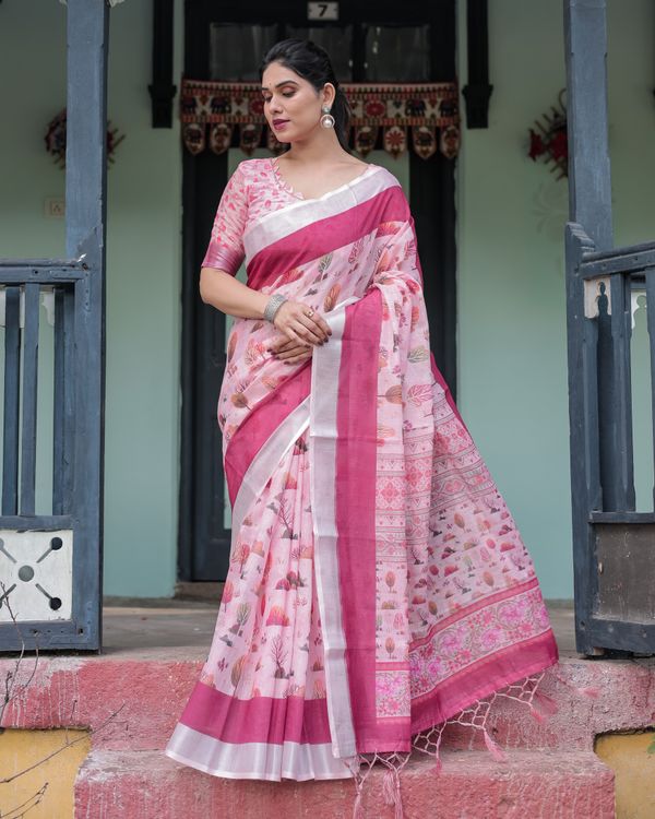 Pink Botanical Print Linen Cotton Saree for Women | Varnavi
