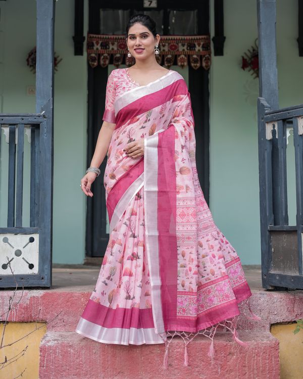 Pink Botanical Print Linen Cotton Saree for Women | Varnavi