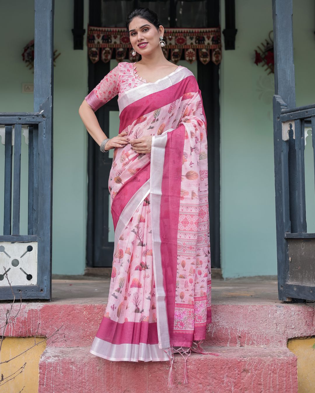 Pink Botanical Print Linen Cotton Saree for Women | Varnavi