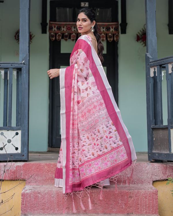 Pink Botanical Print Linen Cotton Saree for Women | Varnavi