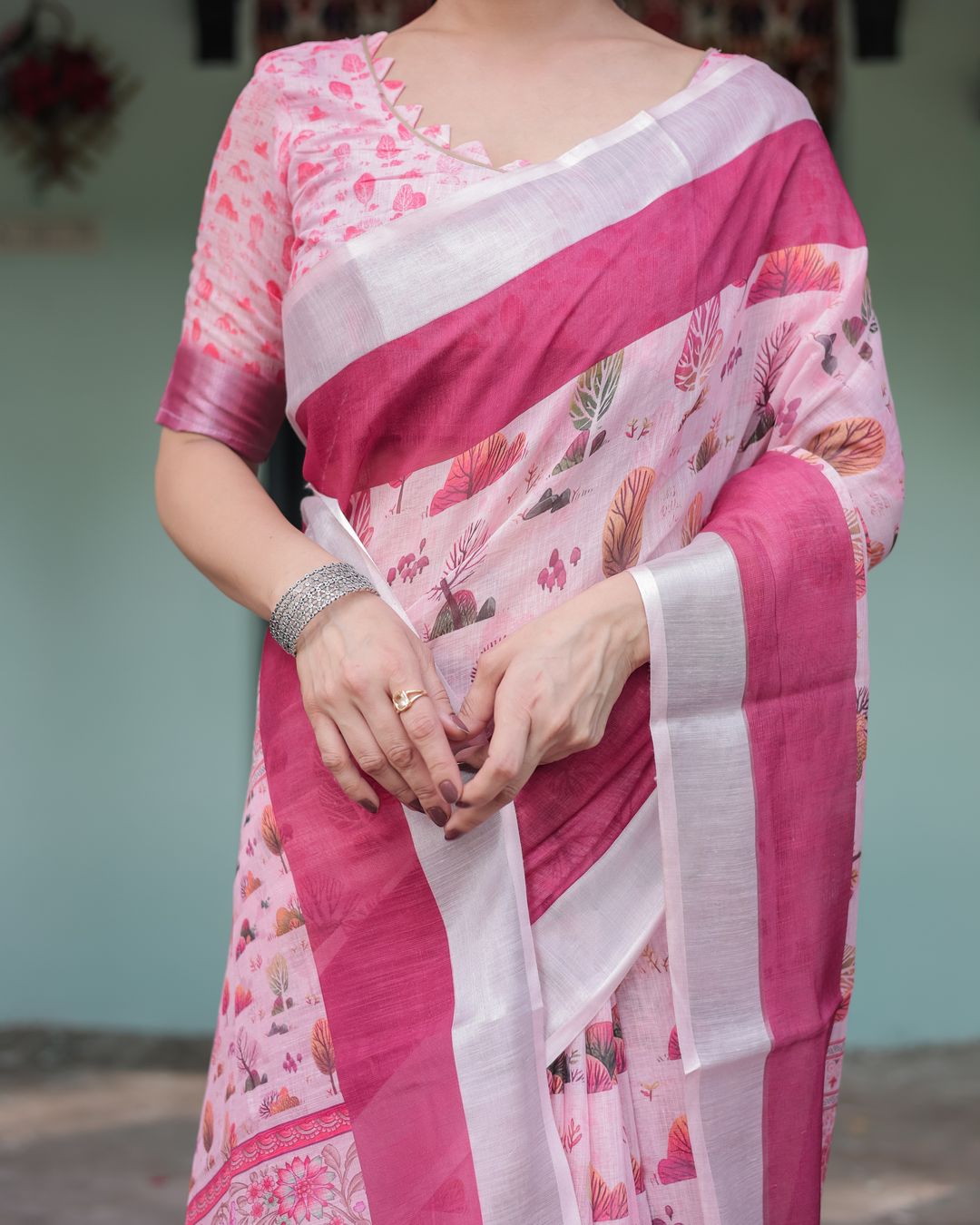 Pink Botanical Print Linen Cotton Saree for Women | Varnavi