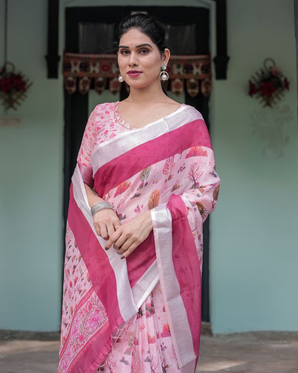 Pink Botanical Print Linen Cotton Saree for Women | Varnavi