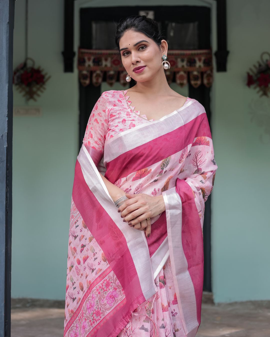 Pink Botanical Print Linen Cotton Saree for Women | Varnavi