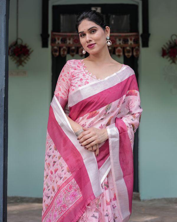 Pink Botanical Print Linen Cotton Saree for Women | Varnavi