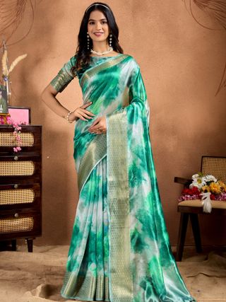 Emerald Aqua Watercolor Soft Silk Saree with Gold Border