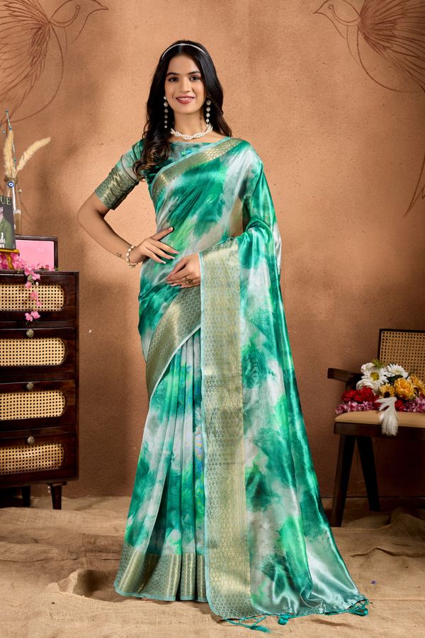Emerald Aqua Watercolor Soft Silk Saree with Gold Border